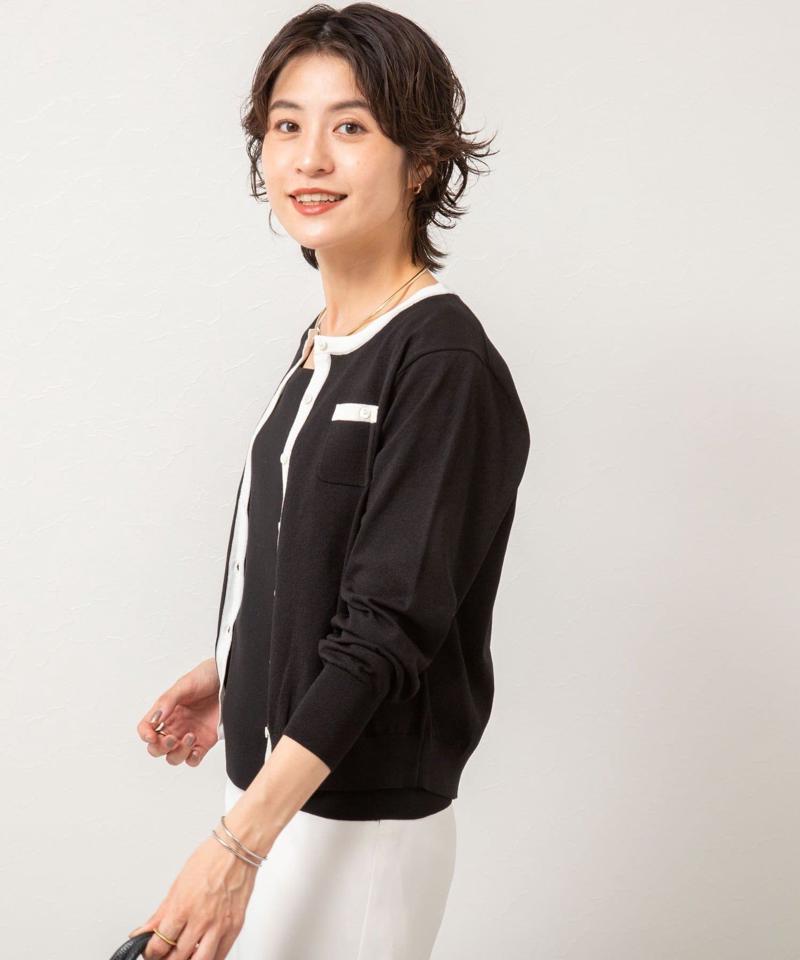 《アンサンブル対応/手洗い可能》綿ポリポケ付きCクルーネックカーディガン