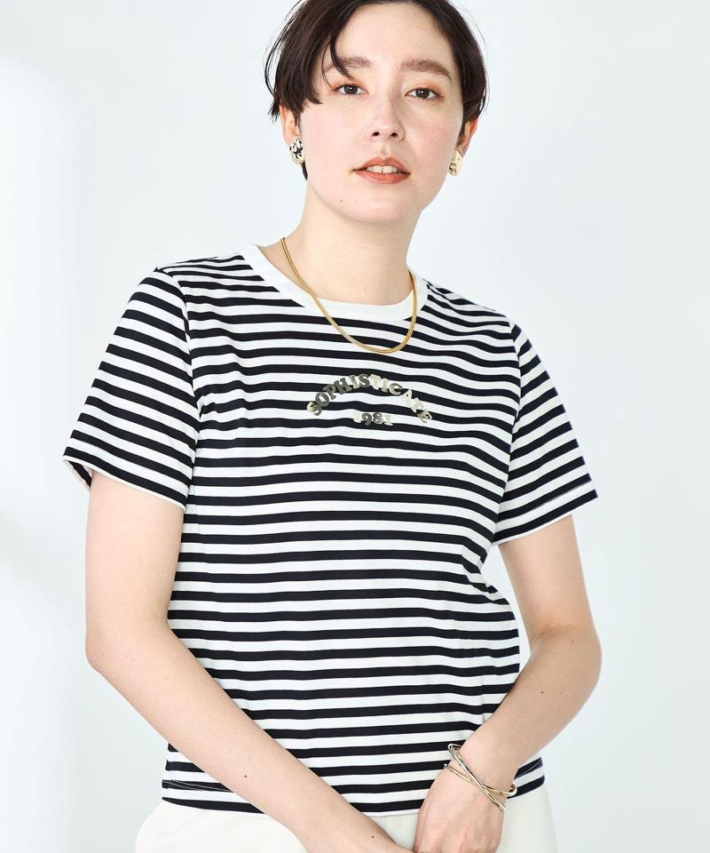 シルケット天竺衿配色ロゴTシャツ