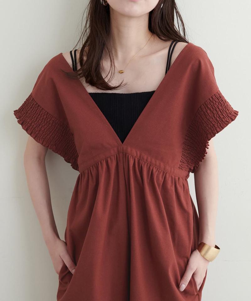 【natural couture】綿麻シャーリング袖サロペ