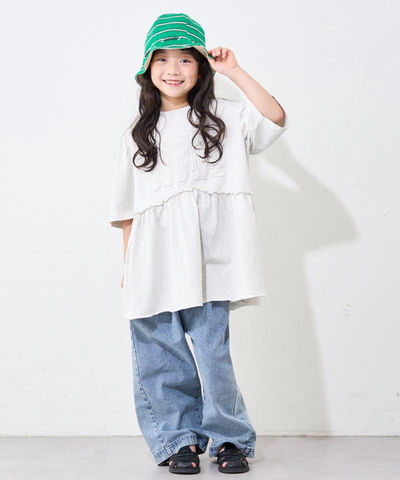 【KIDS】ピグメントパフスリーブチュニック風ミニワンピ