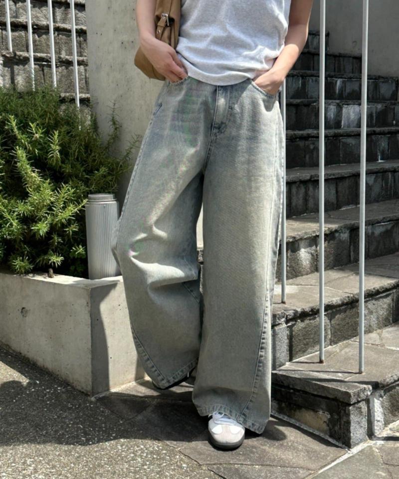 【-3kg見え/ウエスト調整可】サイド切替ワイドデニムパンツ