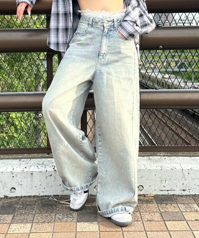 【-3kg見え/ウエスト調整可】サイド切替ワイドデニムパンツ