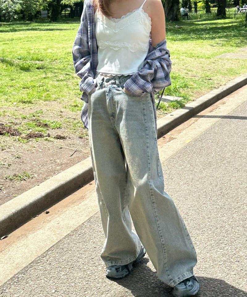 【-3kg見え/ウエスト調整可】サイド切替ワイドデニムパンツ