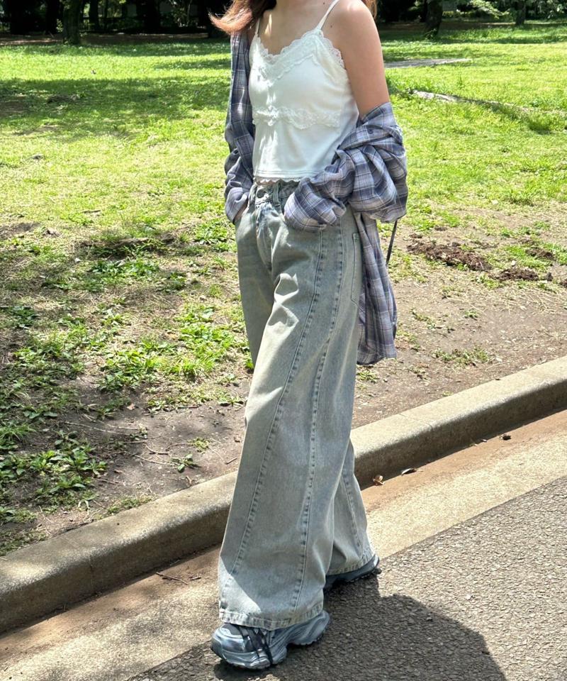 【-3kg見え/ウエスト調整可】サイド切替ワイドデニムパンツ