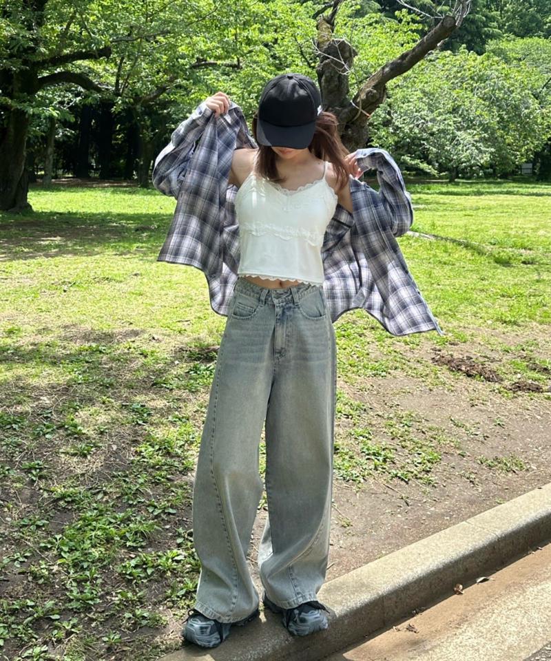 【-3kg見え/ウエスト調整可】サイド切替ワイドデニムパンツ