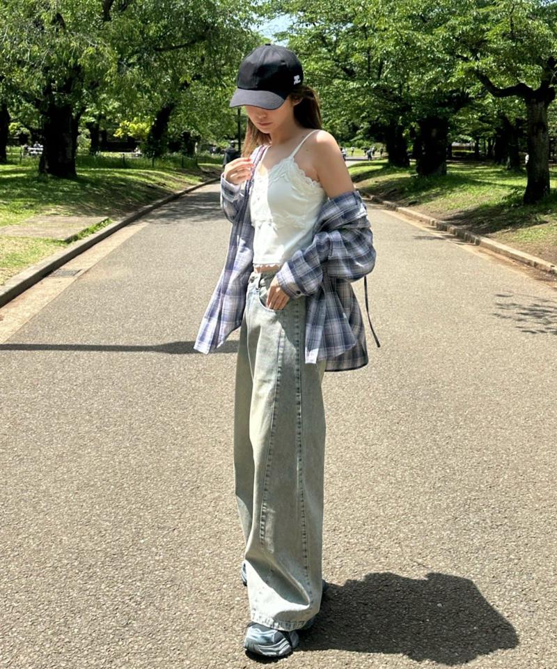 【-3kg見え/ウエスト調整可】サイド切替ワイドデニムパンツ