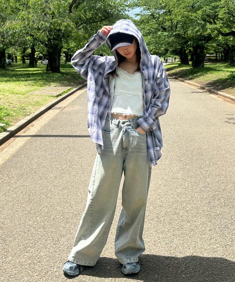 【-3kg見え/ウエスト調整可】サイド切替ワイドデニムパンツ