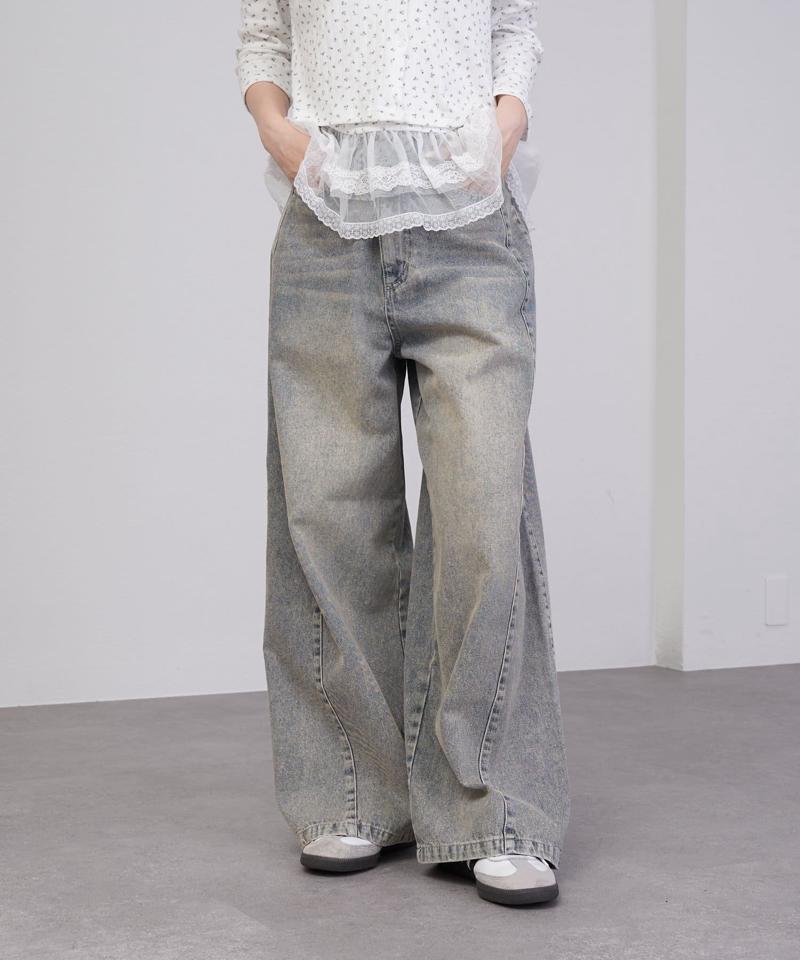 【-3kg見え/ウエスト調整可】サイド切替ワイドデニムパンツ