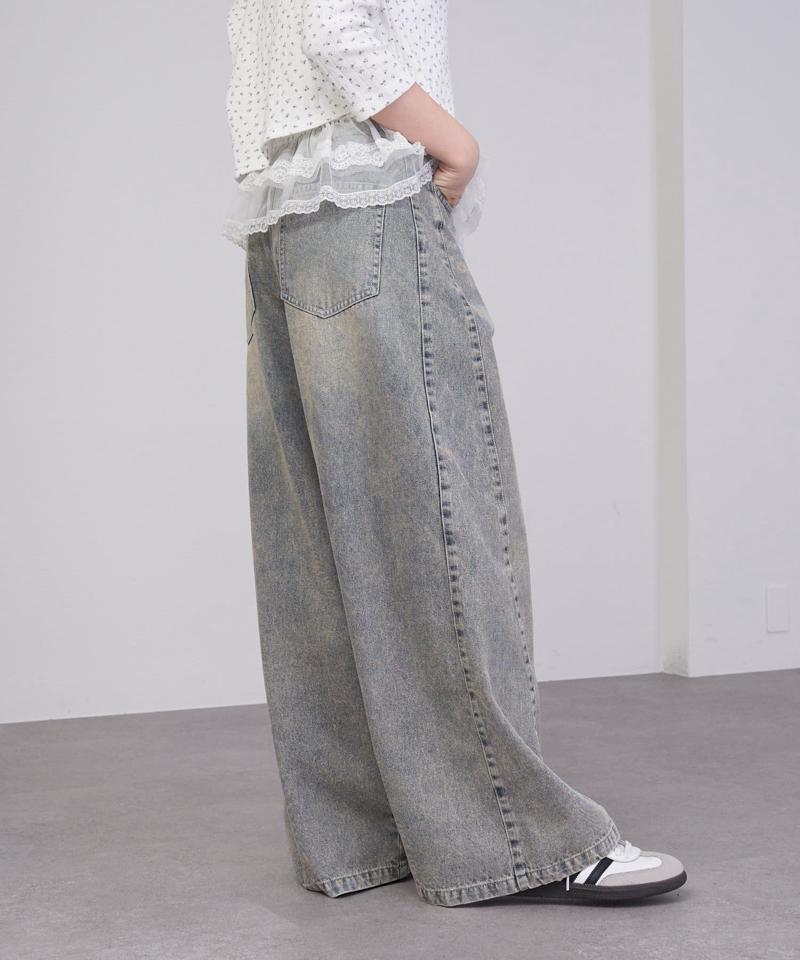 【-3kg見え/ウエスト調整可】サイド切替ワイドデニムパンツ