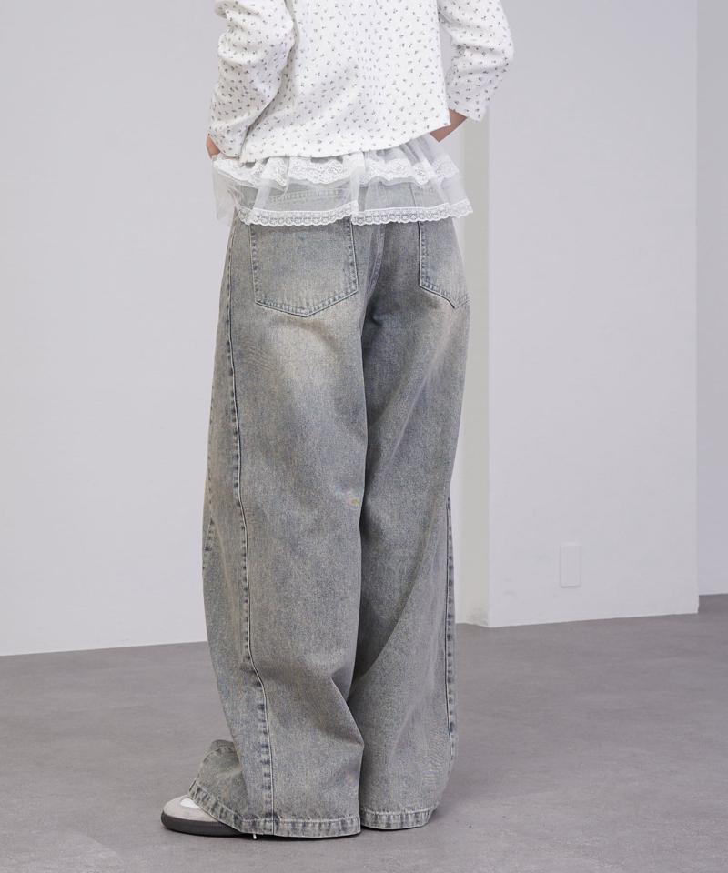 【-3kg見え/ウエスト調整可】サイド切替ワイドデニムパンツ