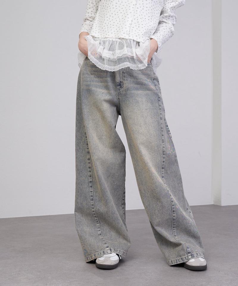 【-3kg見え/ウエスト調整可】サイド切替ワイドデニムパンツ