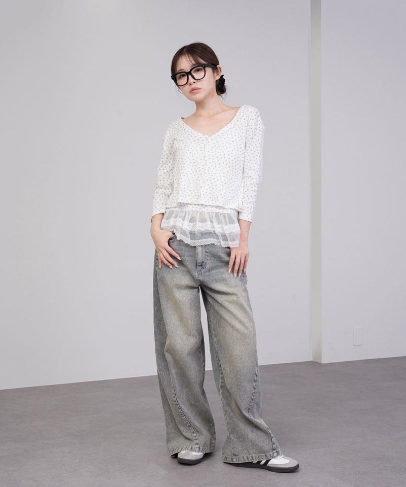 【-3kg見え/ウエスト調整可】サイド切替ワイドデニムパンツ