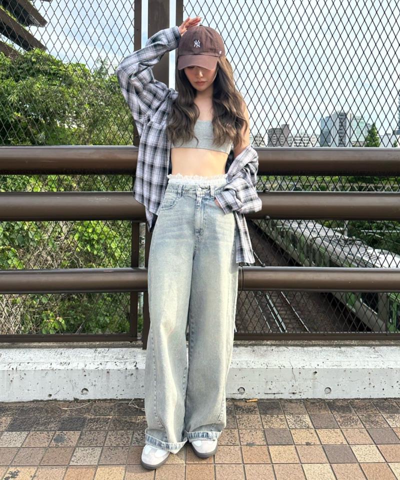 【-3kg見え/ウエスト調整可】サイド切替ワイドデニムパンツ