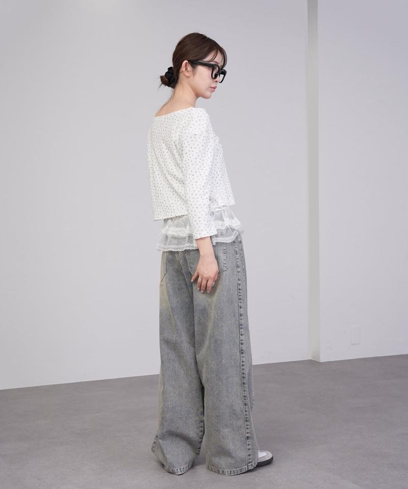 【-3kg見え/ウエスト調整可】サイド切替ワイドデニムパンツ