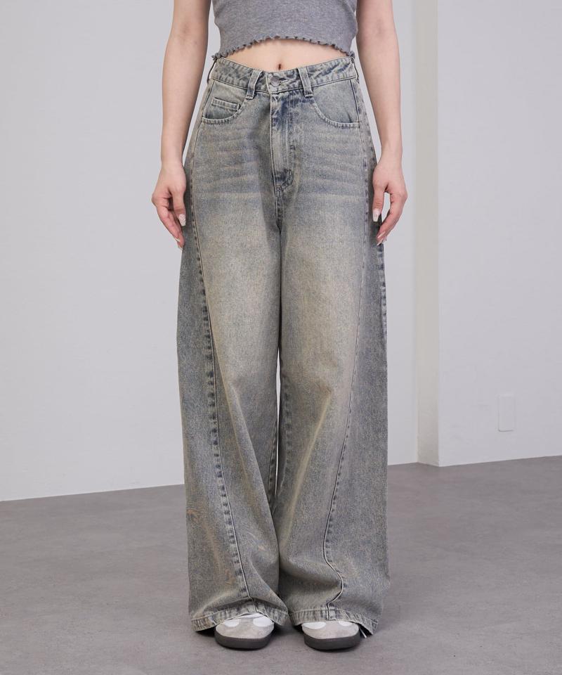 【-3kg見え/ウエスト調整可】サイド切替ワイドデニムパンツ