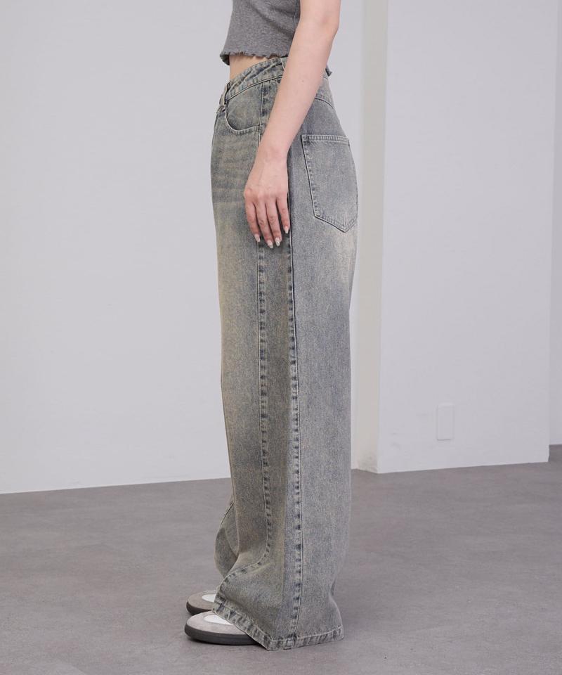【-3kg見え/ウエスト調整可】サイド切替ワイドデニムパンツ