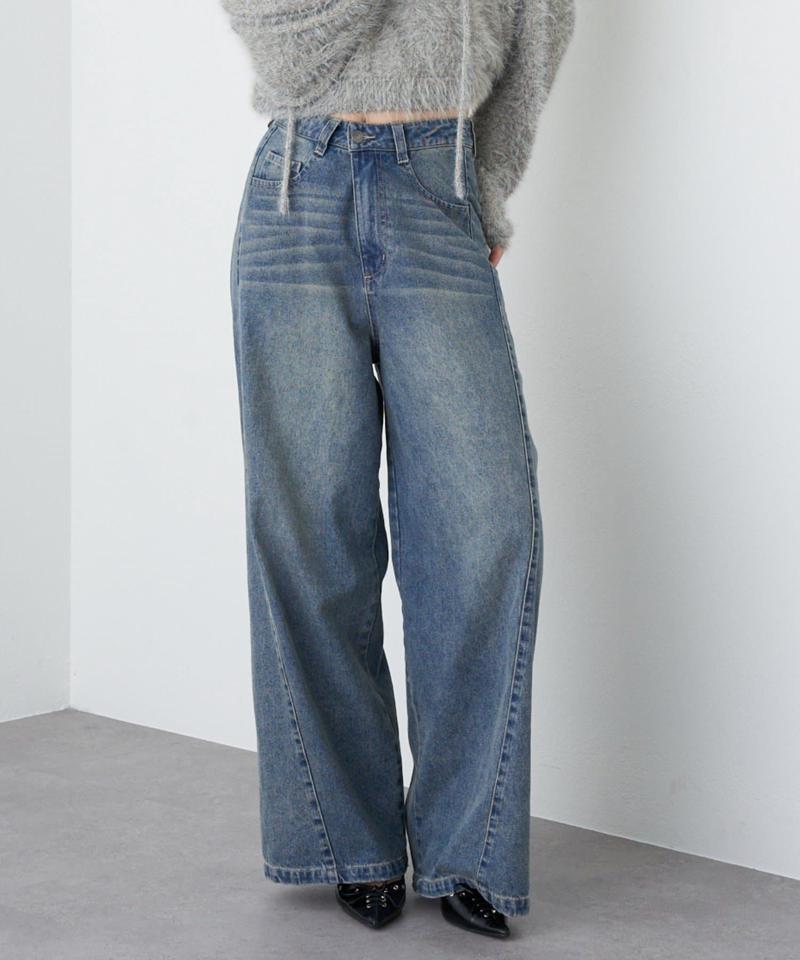 【-3kg見え/ウエスト調整可】サイド切替ワイドデニムパンツ