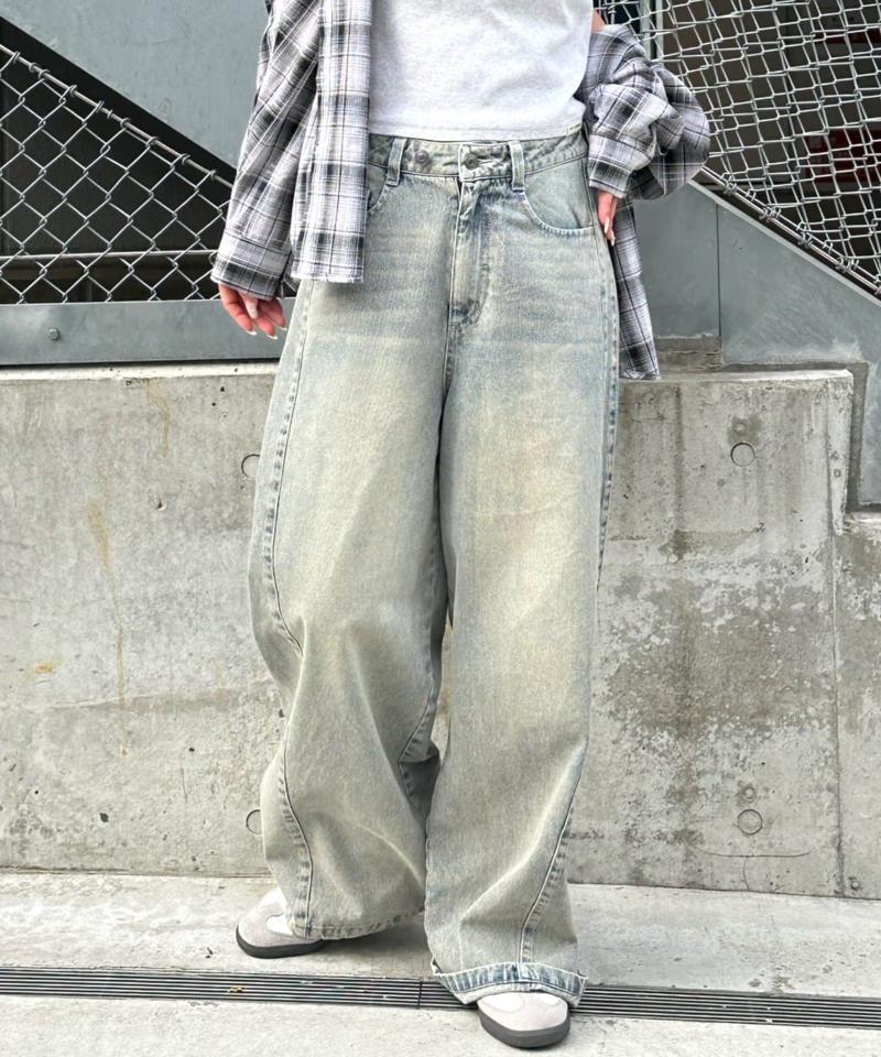 【-3kg見え/ウエスト調整可】サイド切替ワイドデニムパンツ