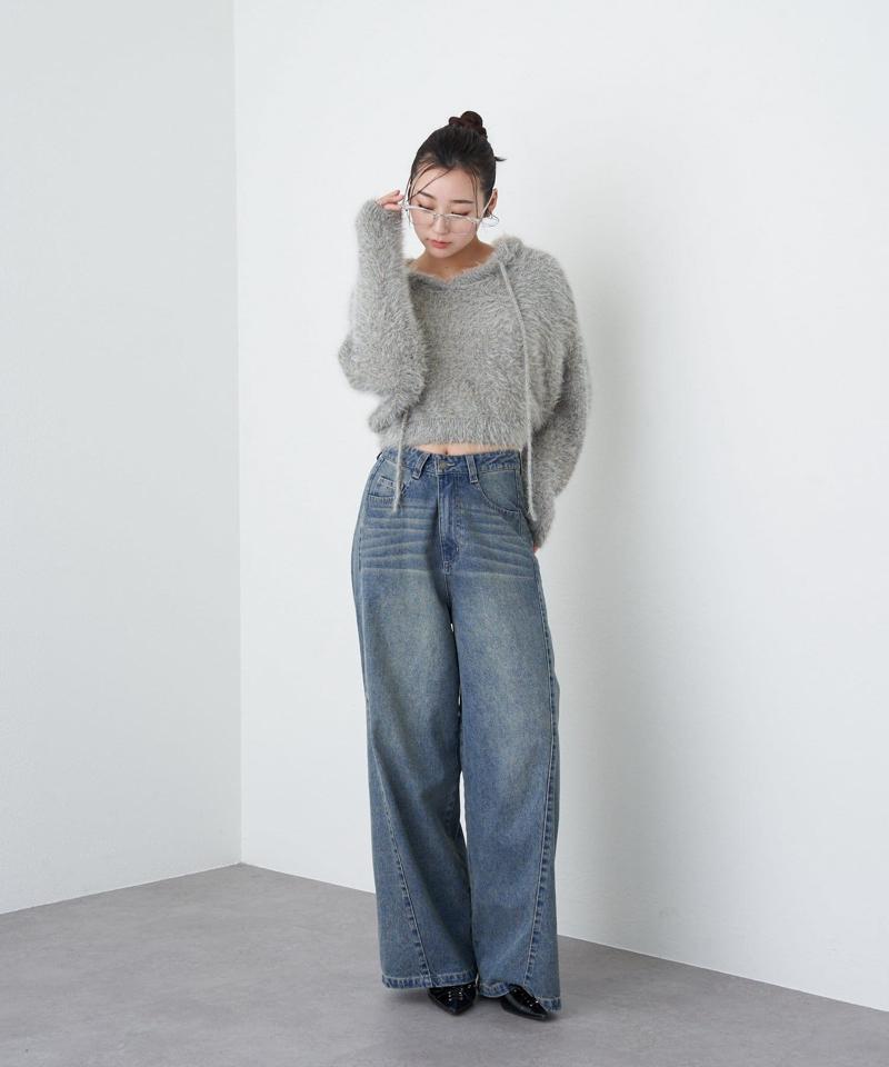 【-3kg見え/ウエスト調整可】サイド切替ワイドデニムパンツ