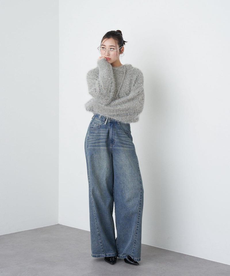 【-3kg見え/ウエスト調整可】サイド切替ワイドデニムパンツ