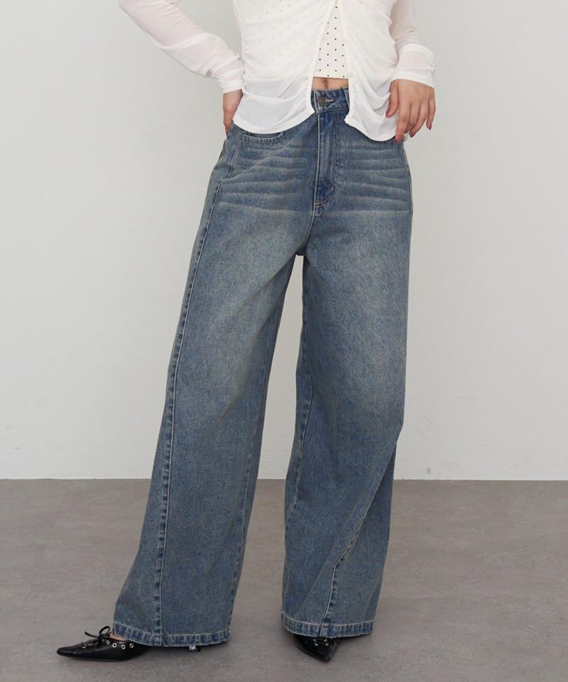 【-3kg見え/ウエスト調整可】サイド切替ワイドデニムパンツ