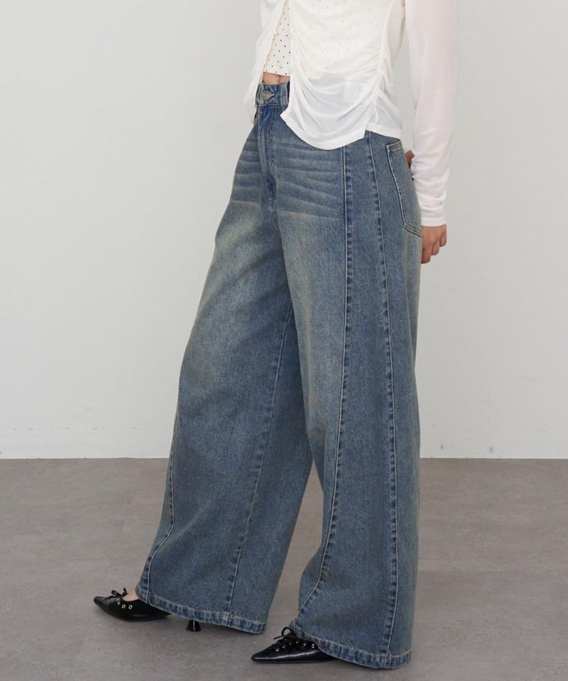 【-3kg見え/ウエスト調整可】サイド切替ワイドデニムパンツ