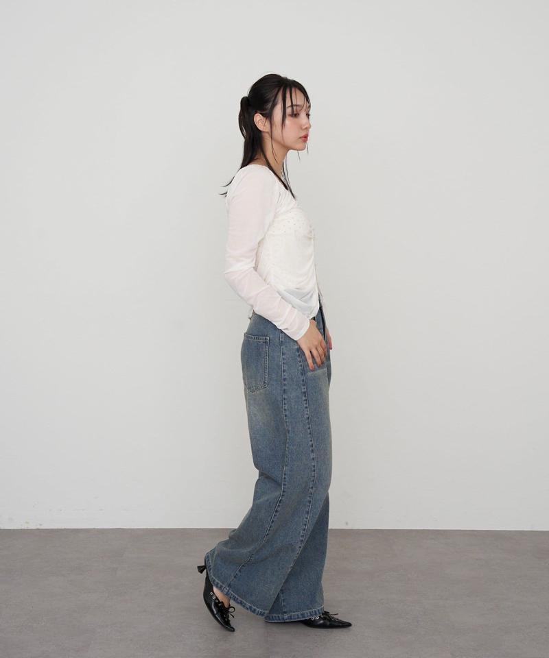 【-3kg見え/ウエスト調整可】サイド切替ワイドデニムパンツ