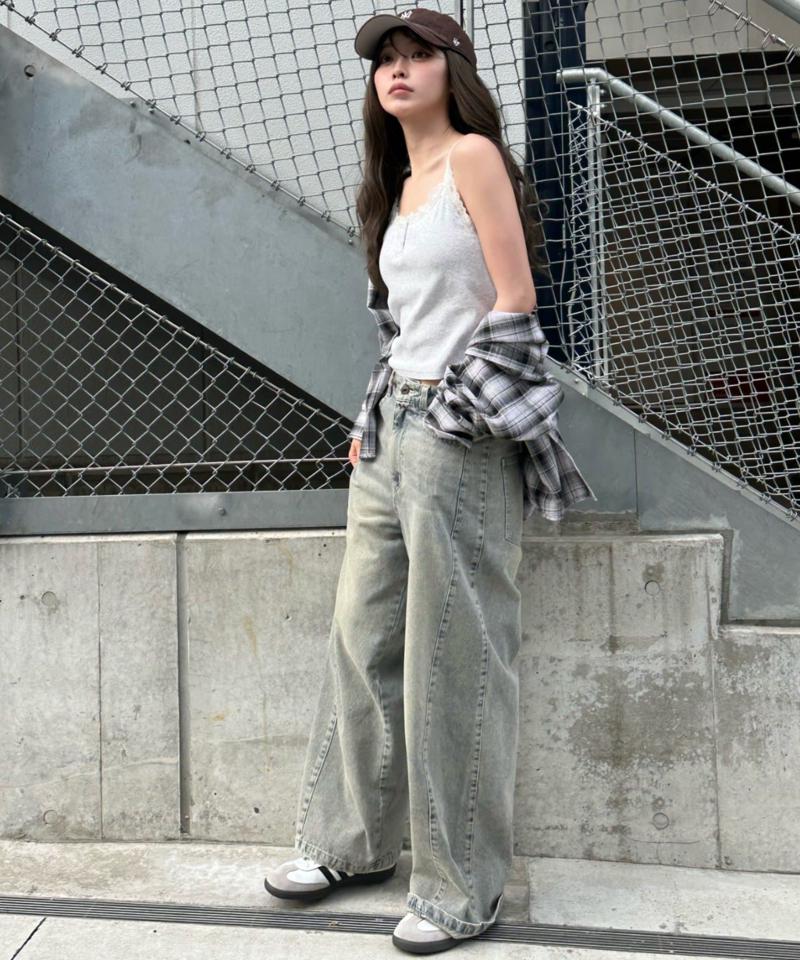 【-3kg見え/ウエスト調整可】サイド切替ワイドデニムパンツ