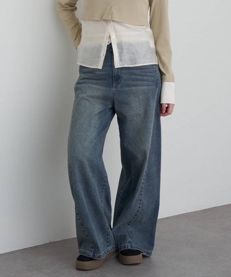 【-3kg見え/ウエスト調整可】サイド切替ワイドデニムパンツ