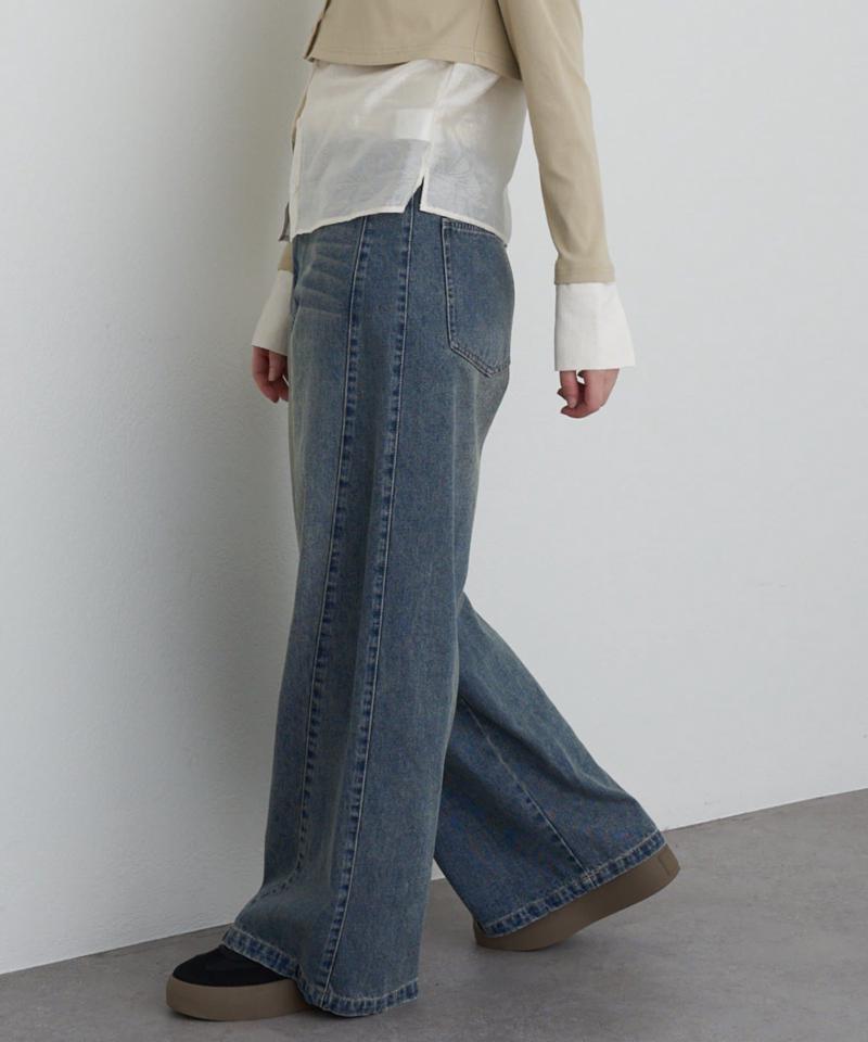 【-3kg見え/ウエスト調整可】サイド切替ワイドデニムパンツ