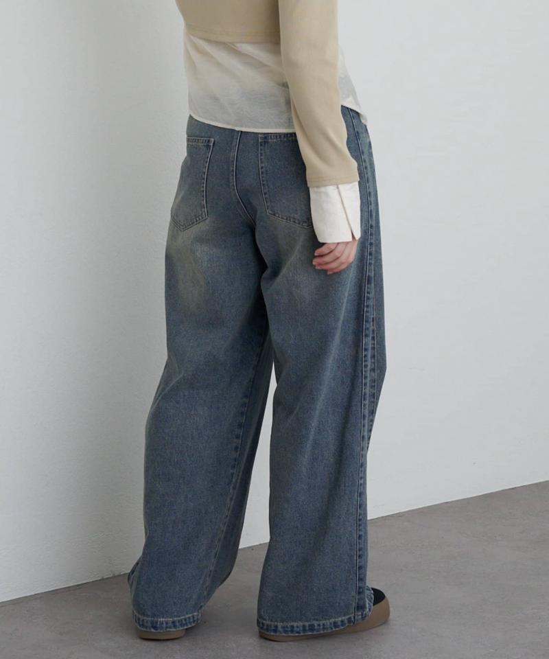 【-3kg見え/ウエスト調整可】サイド切替ワイドデニムパンツ
