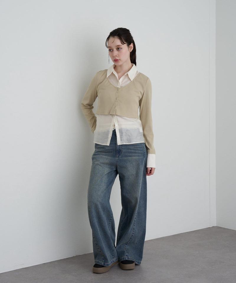 【-3kg見え/ウエスト調整可】サイド切替ワイドデニムパンツ