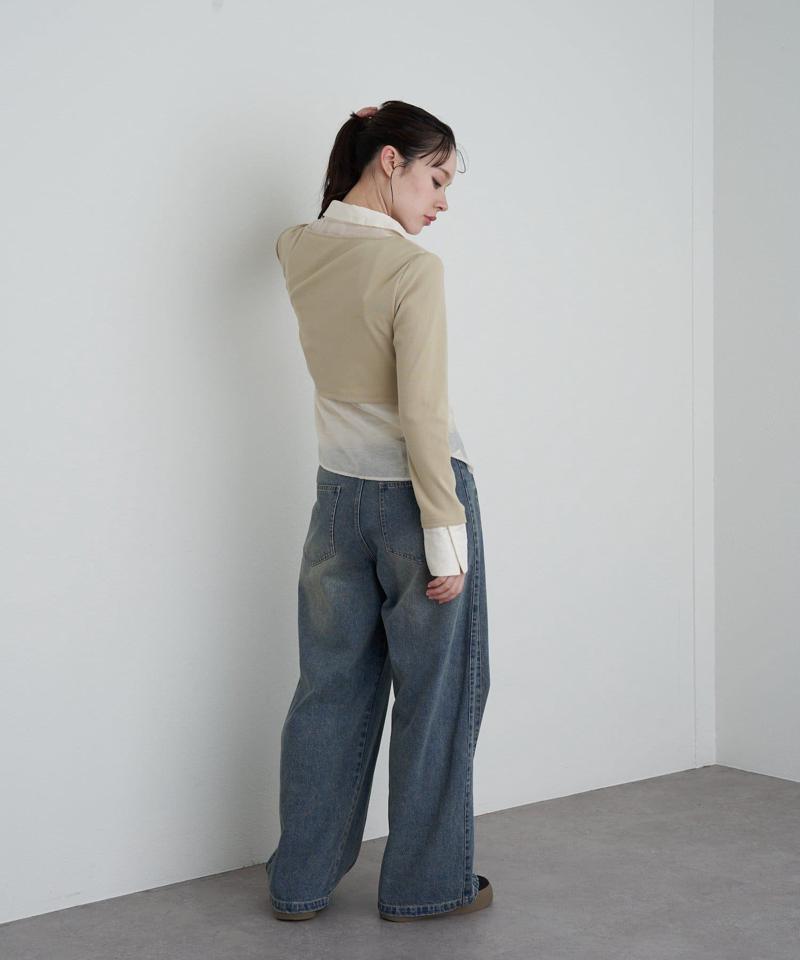 【-3kg見え/ウエスト調整可】サイド切替ワイドデニムパンツ