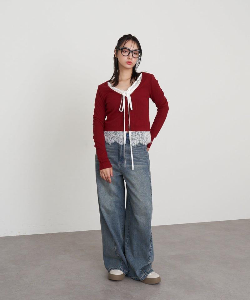 【-3kg見え/ウエスト調整可】サイド切替ワイドデニムパンツ