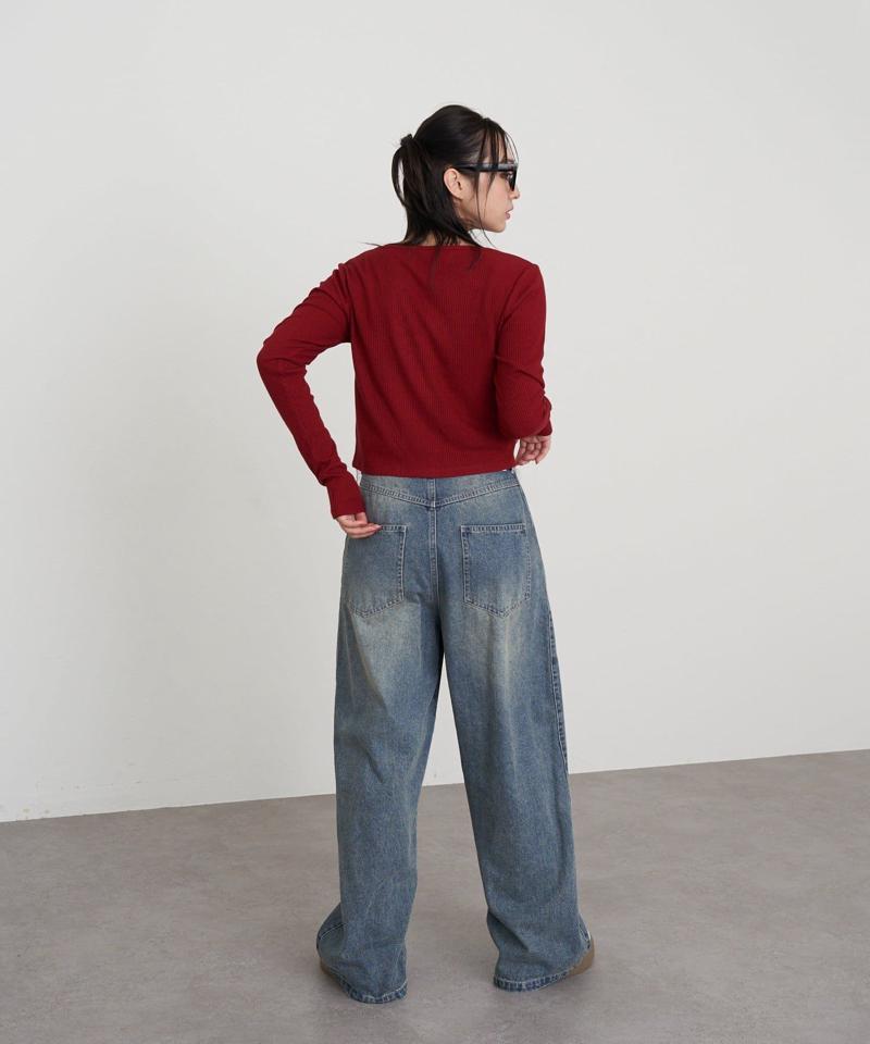 【-3kg見え/ウエスト調整可】サイド切替ワイドデニムパンツ