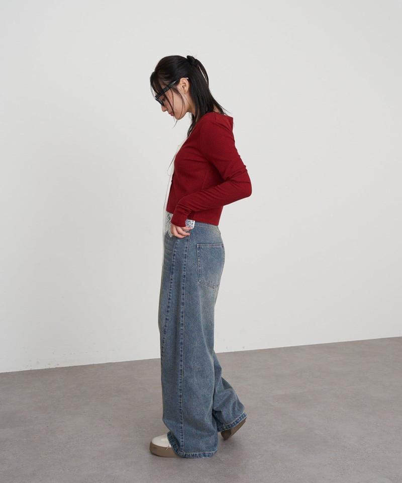 【-3kg見え/ウエスト調整可】サイド切替ワイドデニムパンツ