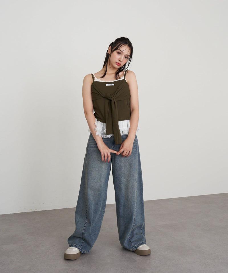 【-3kg見え/ウエスト調整可】サイド切替ワイドデニムパンツ