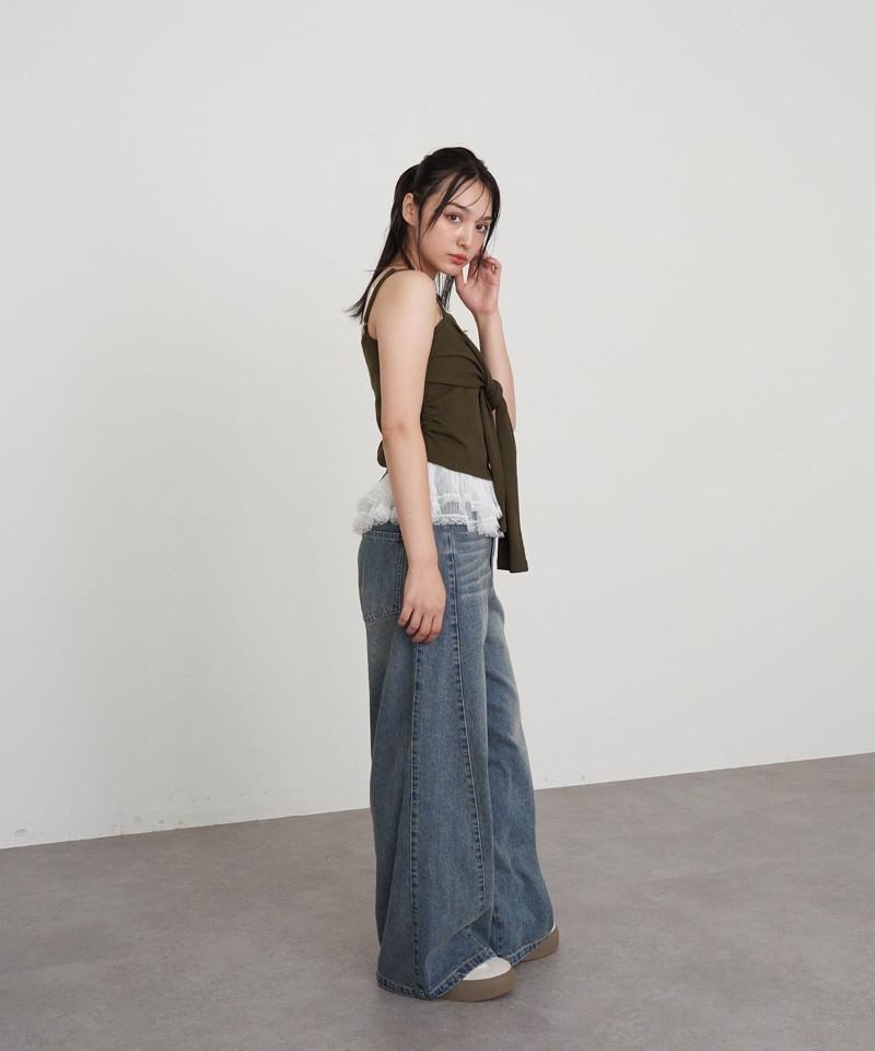 【-3kg見え/ウエスト調整可】サイド切替ワイドデニムパンツ