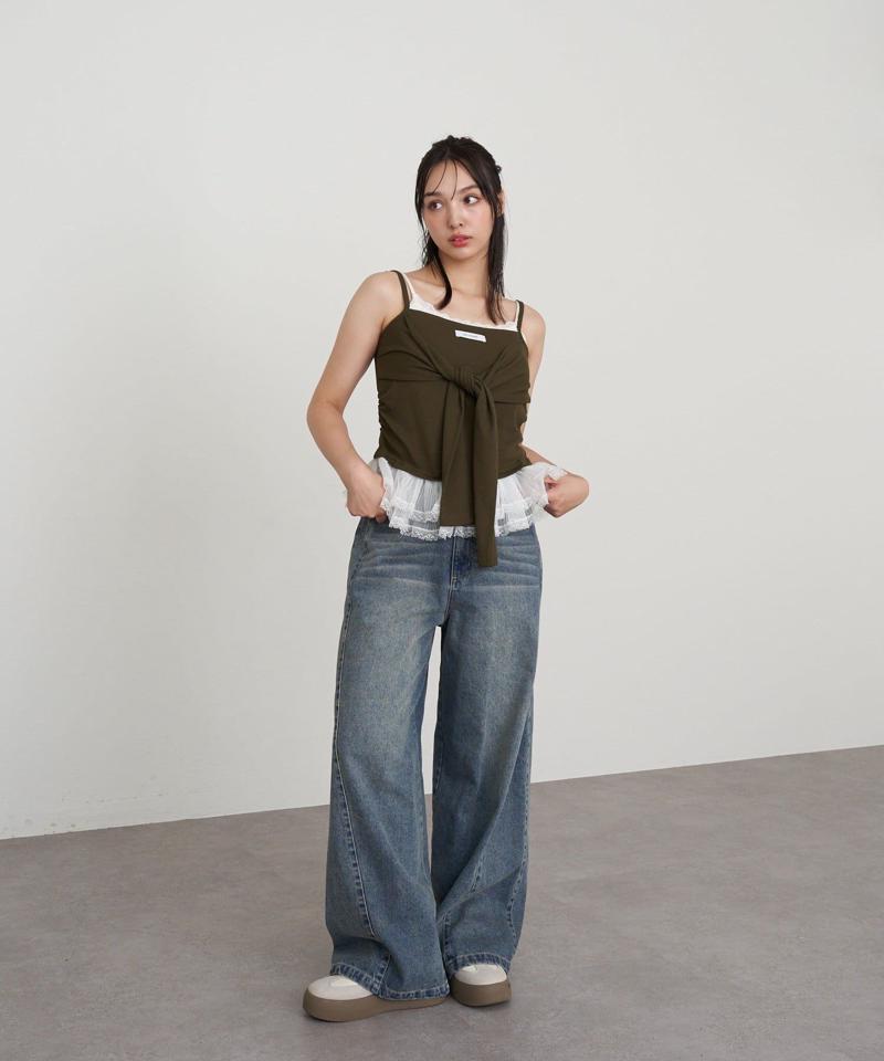 【-3kg見え/ウエスト調整可】サイド切替ワイドデニムパンツ