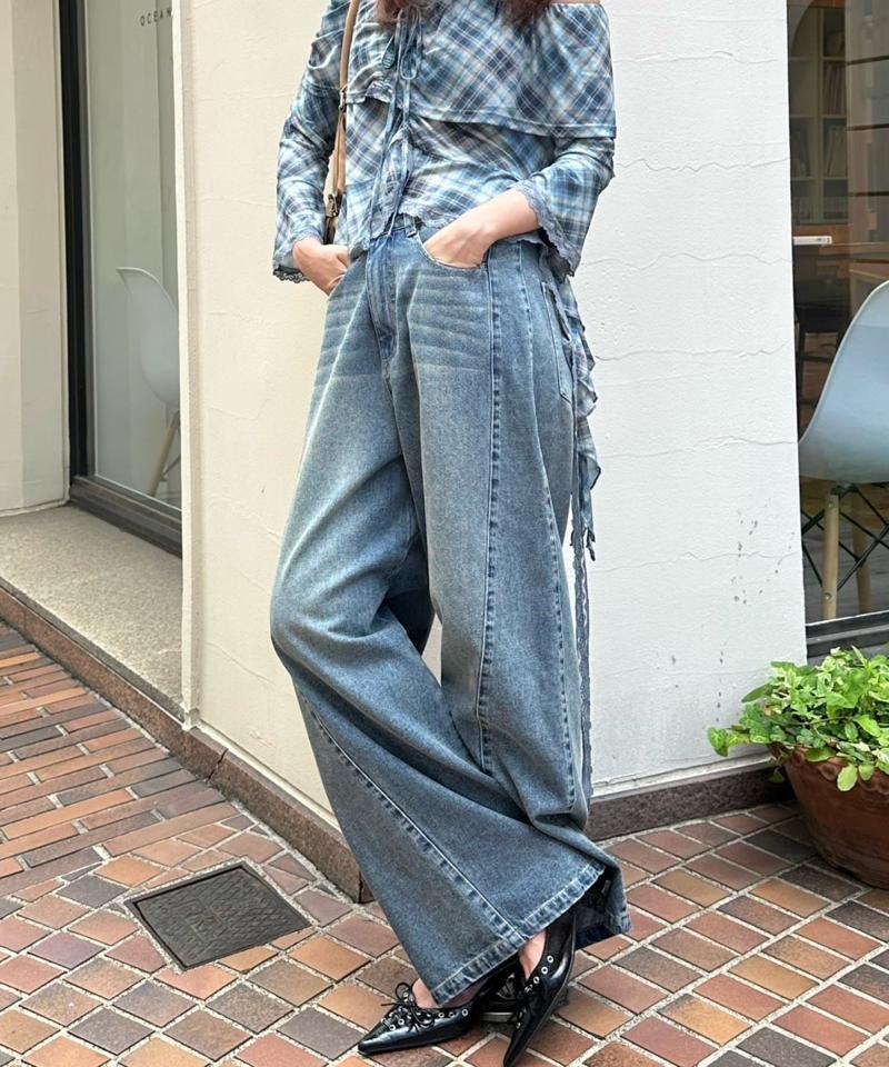 【-3kg見え/ウエスト調整可】サイド切替ワイドデニムパンツ