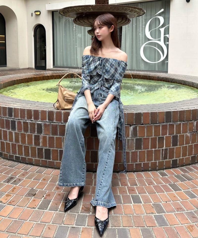 【-3kg見え/ウエスト調整可】サイド切替ワイドデニムパンツ