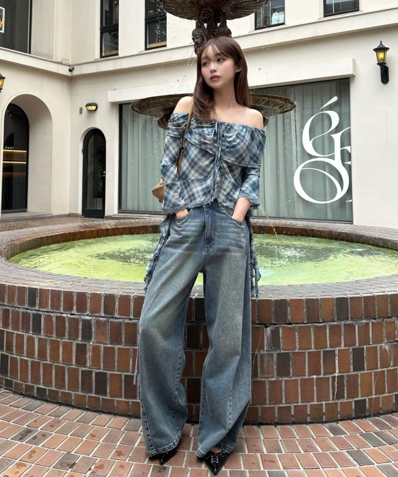 【-3kg見え/ウエスト調整可】サイド切替ワイドデニムパンツ