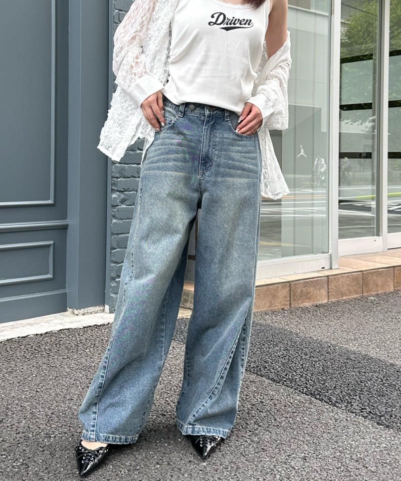 【-3kg見え/ウエスト調整可】サイド切替ワイドデニムパンツ