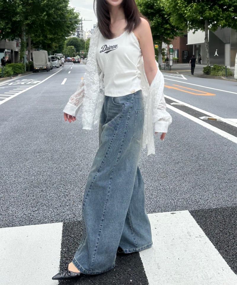 【-3kg見え/ウエスト調整可】サイド切替ワイドデニムパンツ
