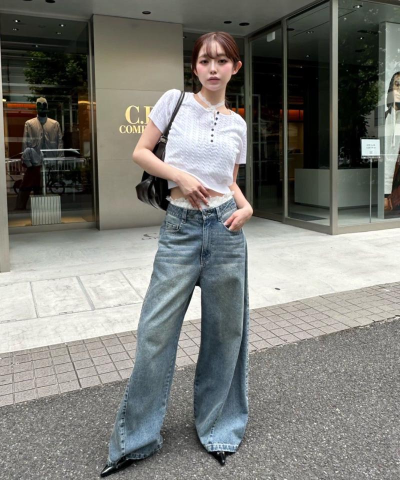 【-3kg見え/ウエスト調整可】サイド切替ワイドデニムパンツ