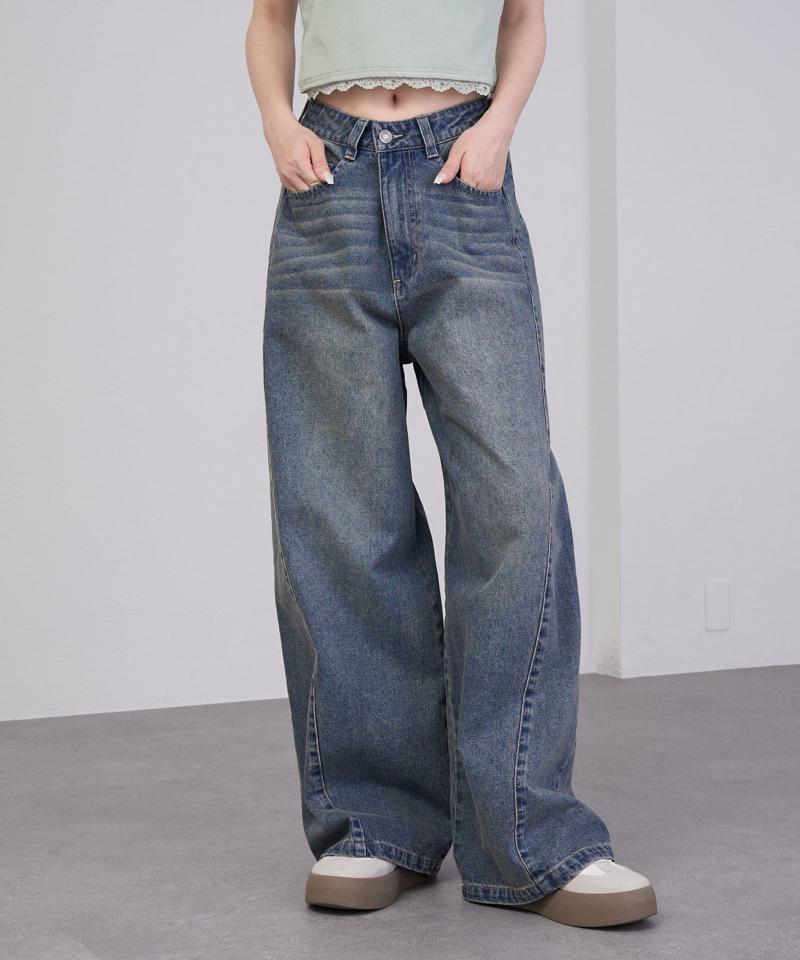 【-3kg見え/ウエスト調整可】サイド切替ワイドデニムパンツ
