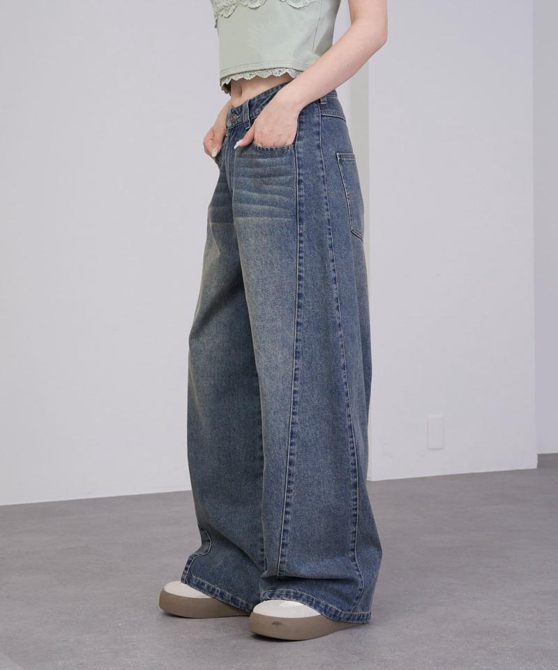 【-3kg見え/ウエスト調整可】サイド切替ワイドデニムパンツ