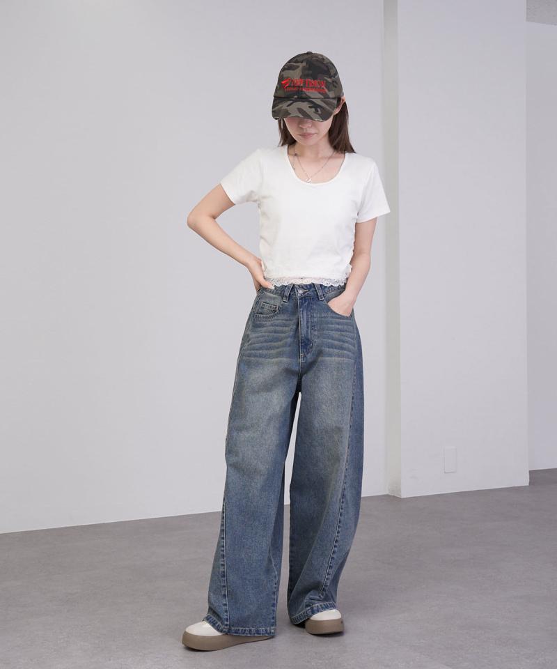 【-3kg見え/ウエスト調整可】サイド切替ワイドデニムパンツ