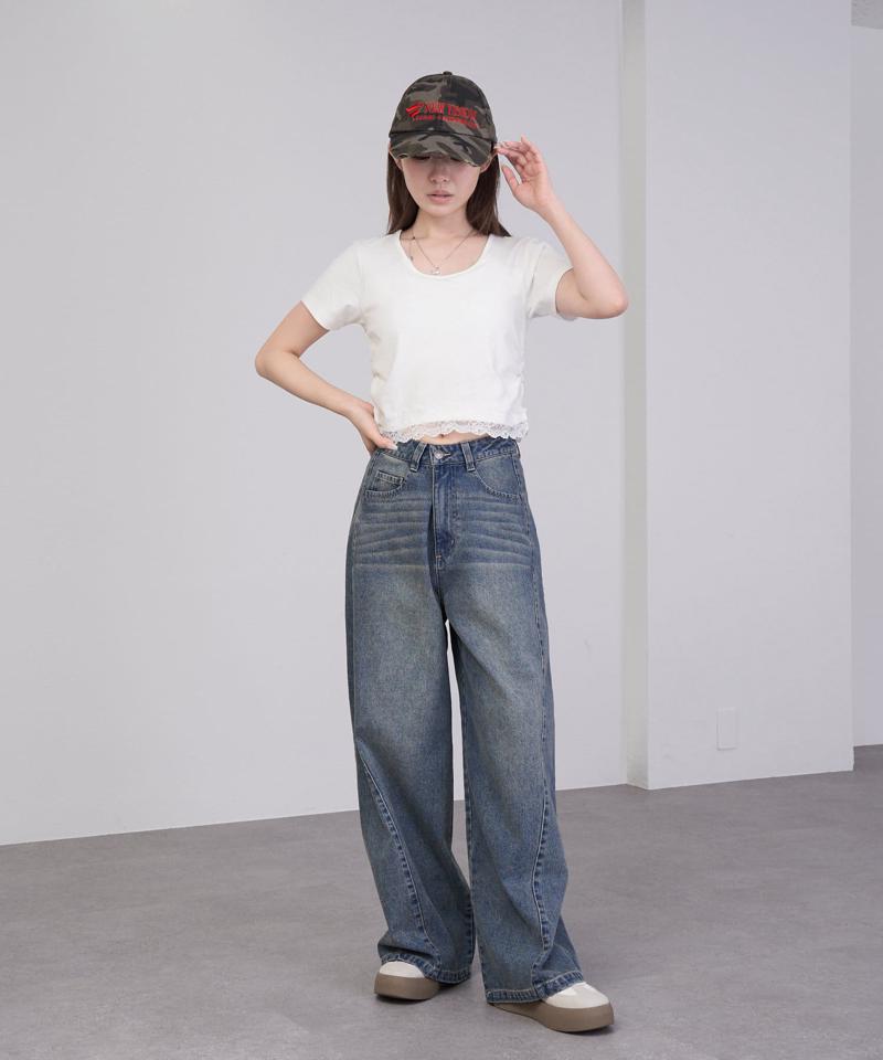 【-3kg見え/ウエスト調整可】サイド切替ワイドデニムパンツ