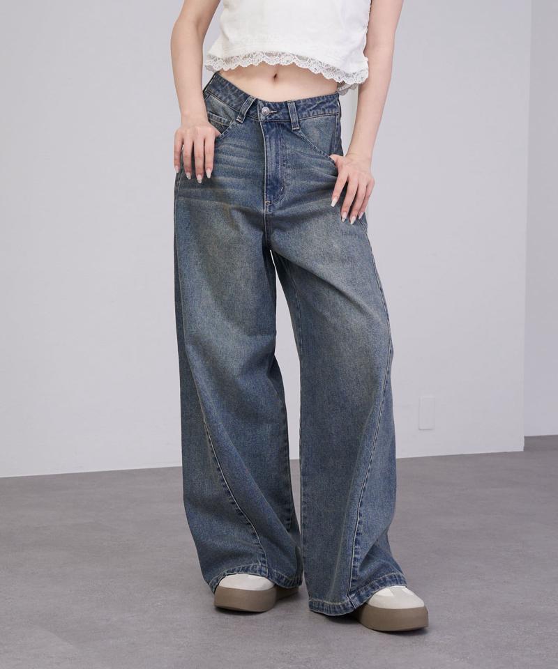 【-3kg見え/ウエスト調整可】サイド切替ワイドデニムパンツ